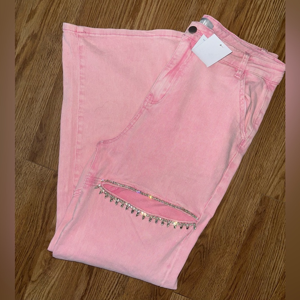 Pink Rhinestone Slit western concert gemstone jeans